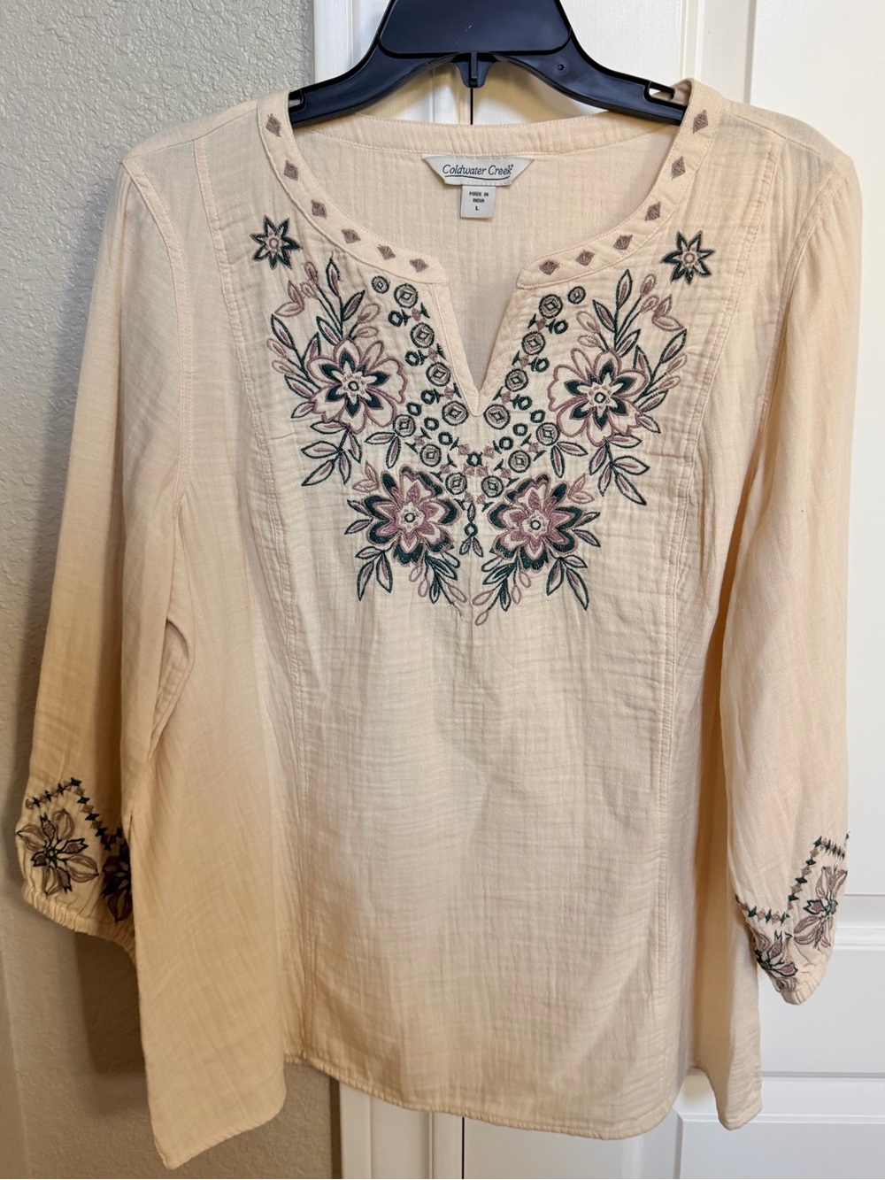Coldwater Creek Cream Tunic with Pink & Green Floral Embroidery